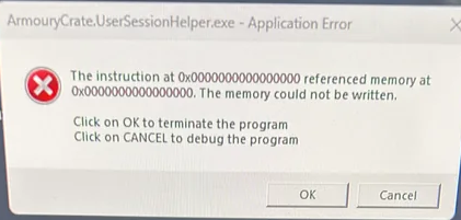 ArmouryCrate.UserSessionHelper.exe Application error or High CPU usage