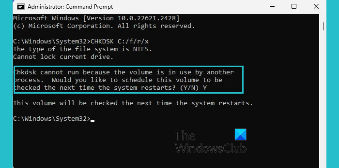 Cannot lock current drive, Chkdsk cannot run because the volume is in use by another process