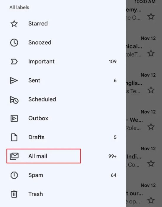 Choose All Mail Option on Android Gmail