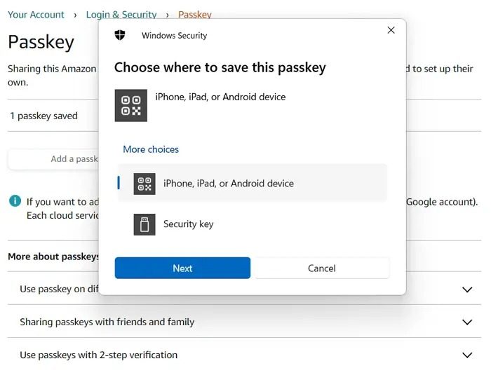 Choose where to save Passkey Amazon