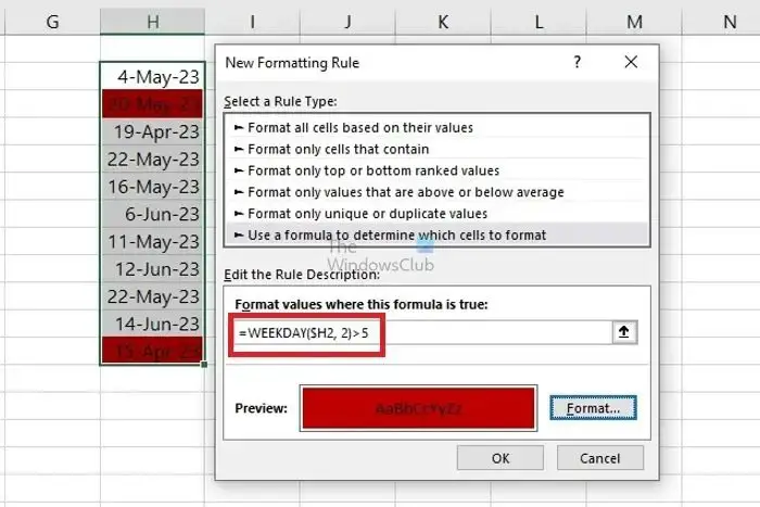 Conditional Formatting Weekend Highlight Rule