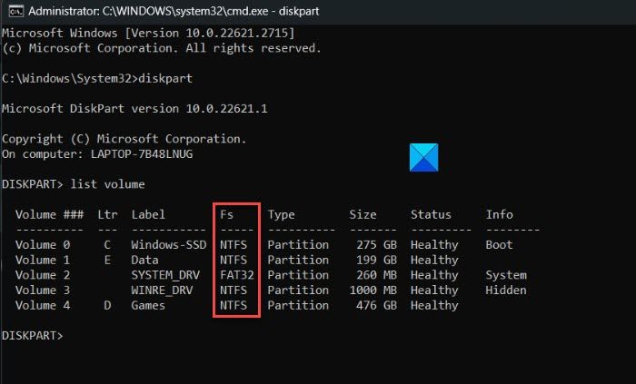 Drive file system in DiskPart