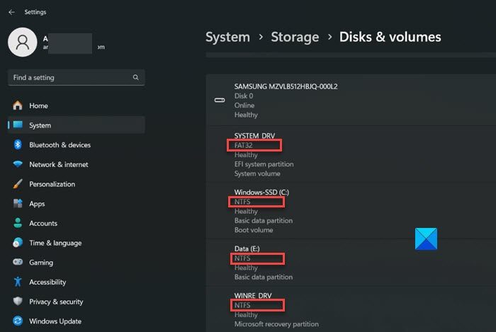 Drive file system in Settings