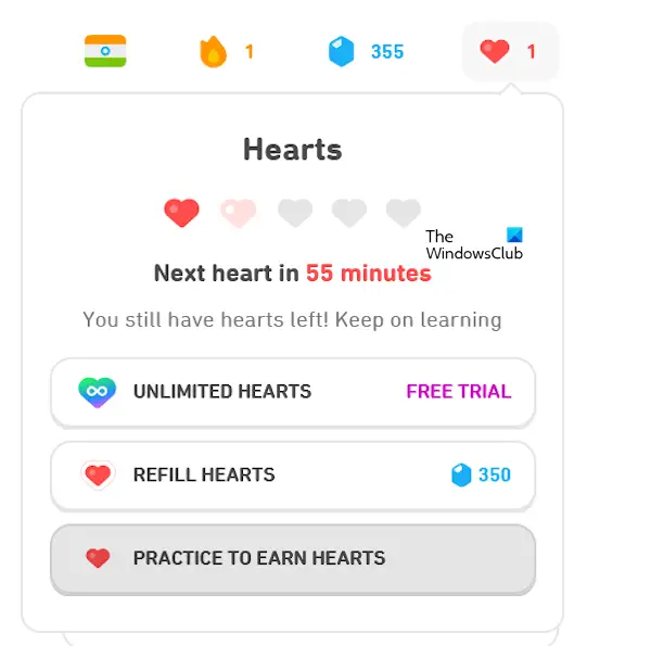 Earn hearts in Duolingo