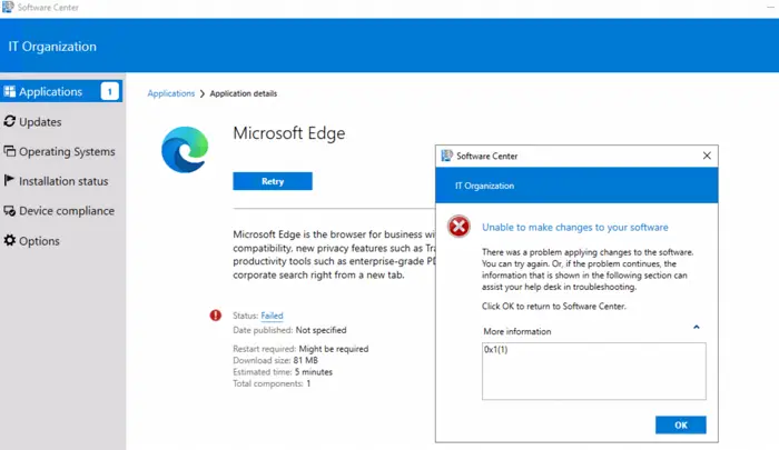 Die Edge-Installation Ist Mit Fehlercode 1 Fehlgeschlagen