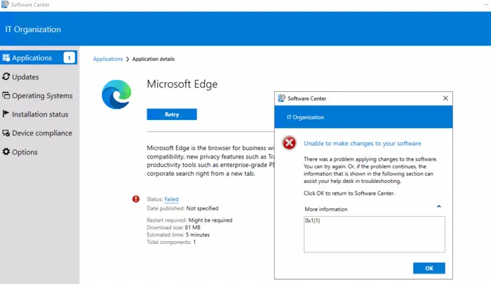 Edge installation failed with error code 1