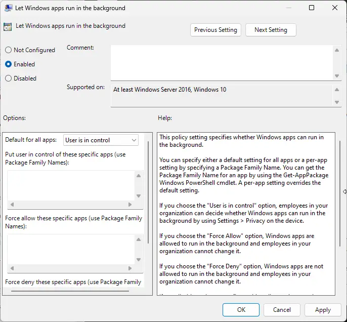 Enable Background Apps via Group Policy Editor