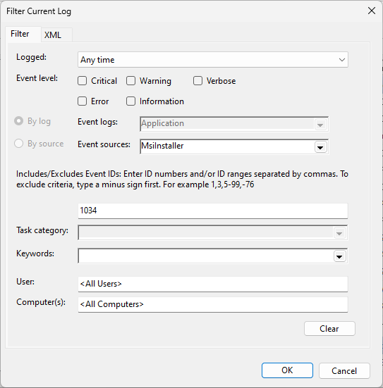 Filter Current Log page