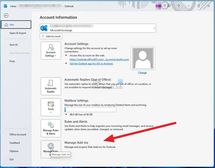 Manage Addons Outlook Settings