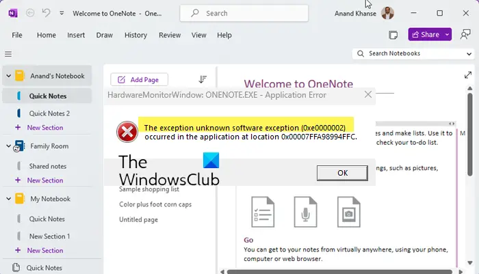 OneNote error 0xe0000002, The exception unknown software exception