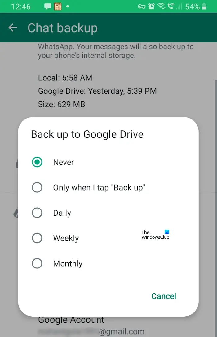 Select WhatsApp Chat backup to Never