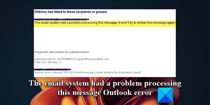 The email system had a problem processing this message Outlook error