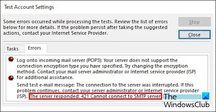 服务器响应：421 无法连接到 SMTP Outlook 错误