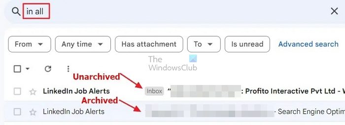 Use In All Command To Find Archived Mails on Gmail