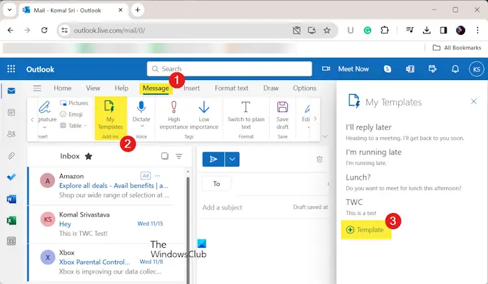 create and use outlook email template on web