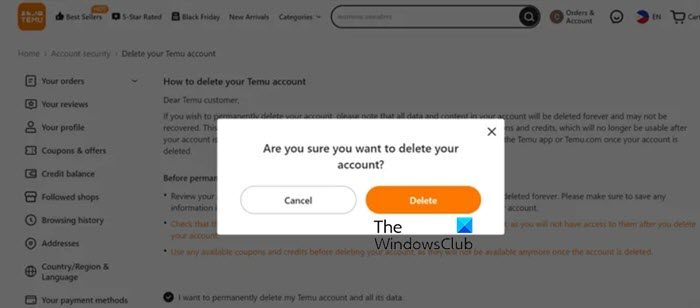 delete Temu account completely