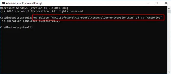 disable onedrive at startup using command prompt
