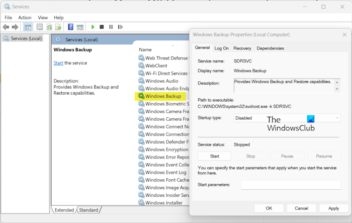 Disable Windows Backup Service
