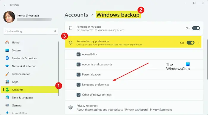Turn On or Off Remember my preferences for Windows Backup