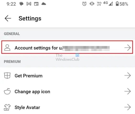 Choose Account Settings on Reddit App