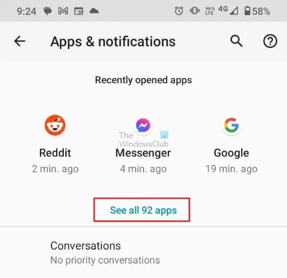 Choose See All Apps on Android App Settings