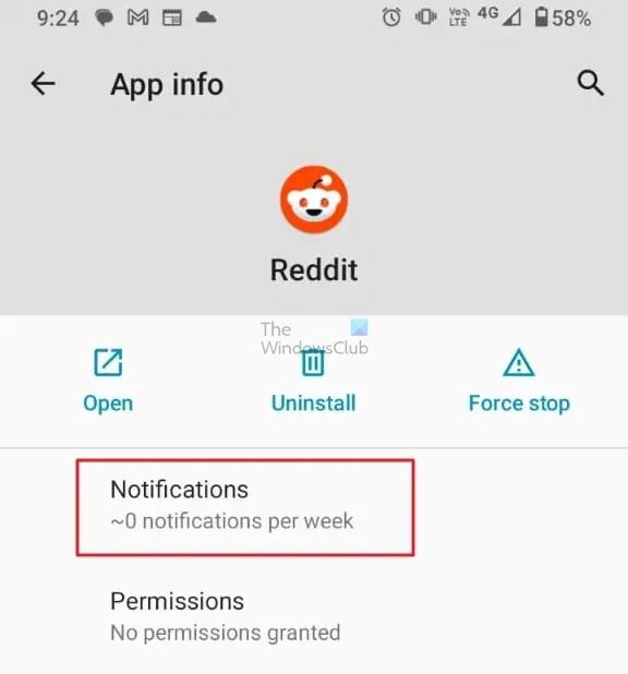 Haga clic en Notificación de Reddit en la configuración de la aplicación