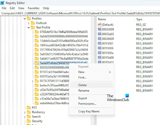 Delete Registry key for Outlook account