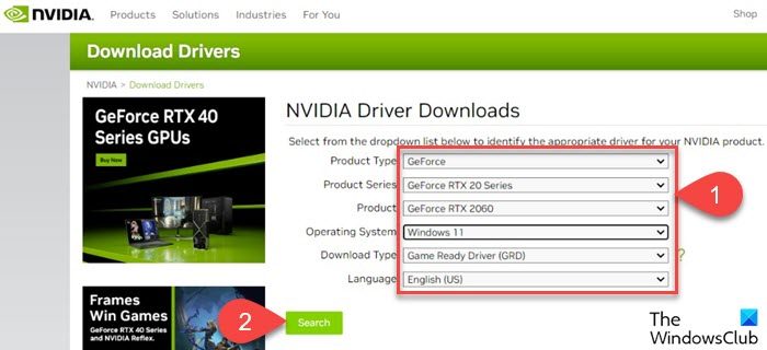 Driver Download page on NVIDIA
