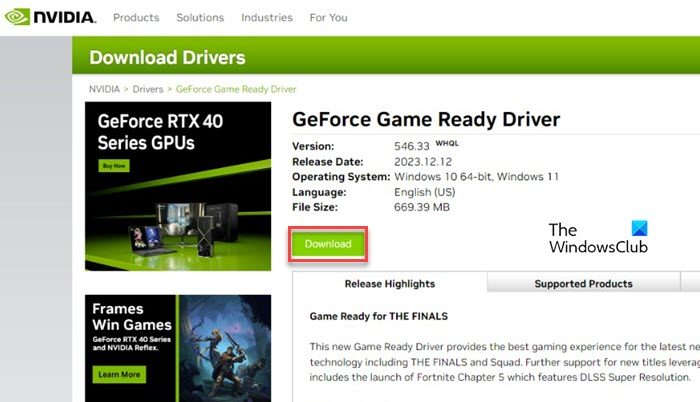 Driver download from NVIDIA