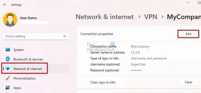 Edit VPN Connection Settings Windows