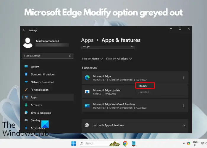 La opción Modificar de Microsoft Edge está atenuada