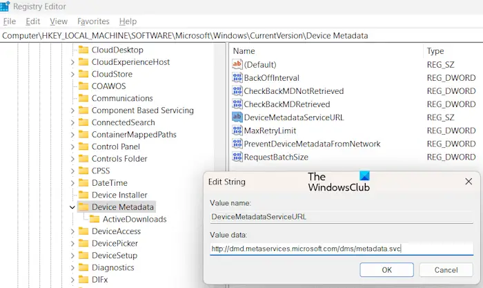 Modify Device Metadata Registry key