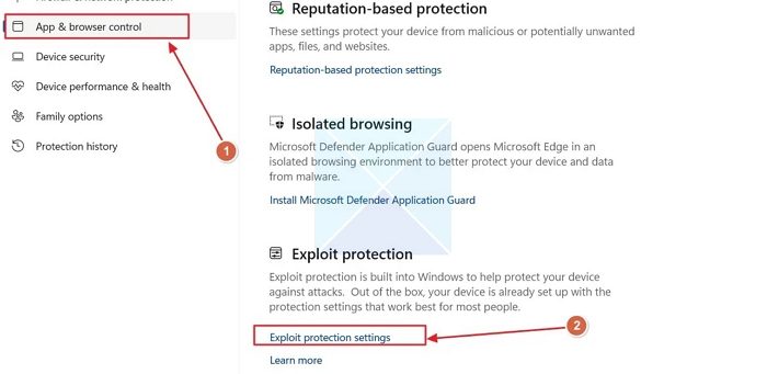 Open Exploty Settings Windows Security