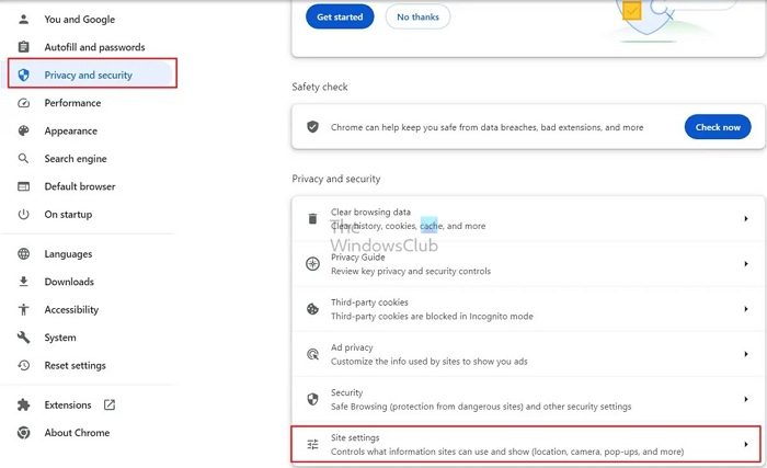 Open Site Settings From Privacy and Security