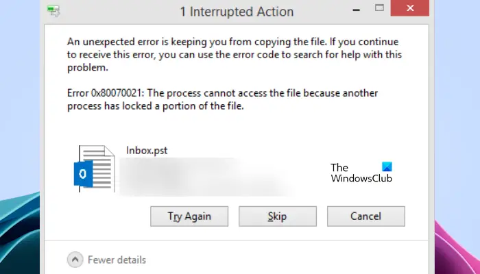 Error de Outlook 0x80070021