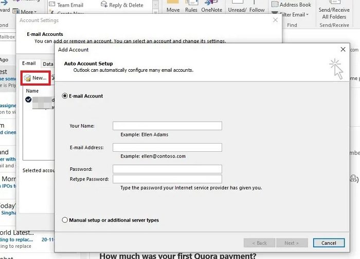 Configuración de nueva cuenta de Outlook