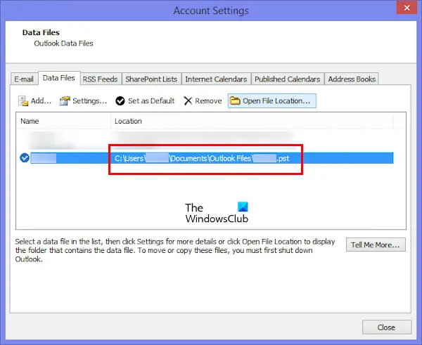 Outlook PST file location