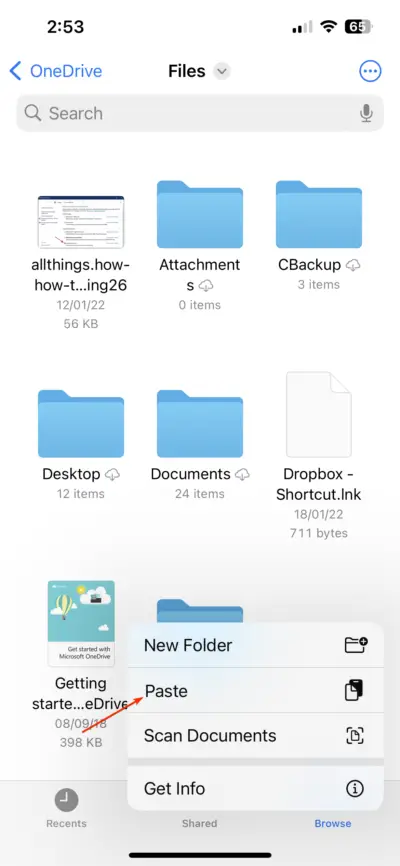 Paste in OneDrive Folder