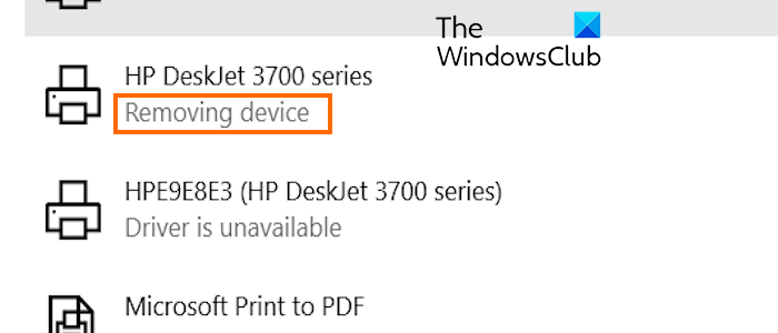 Printer stuck on Removing Device on Windows