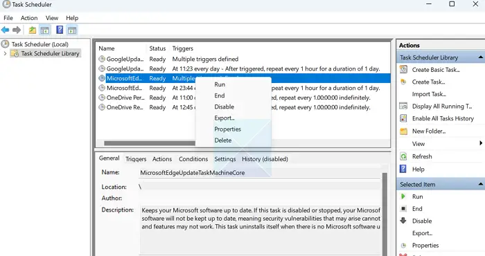 Right-click on Task in Task Scheduler