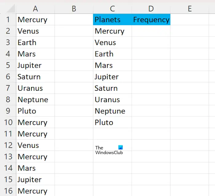 Datos de muestra con nombres de planetas.