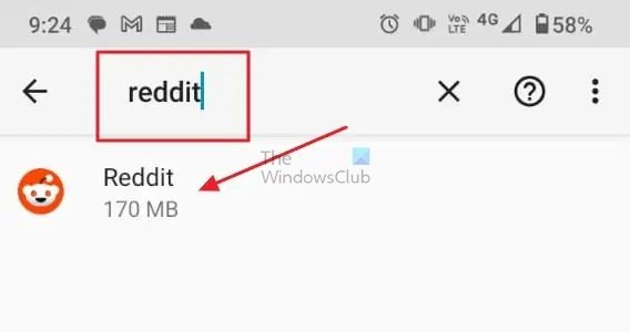 Busque la aplicación Reddit en la configuración de la aplicación de Android