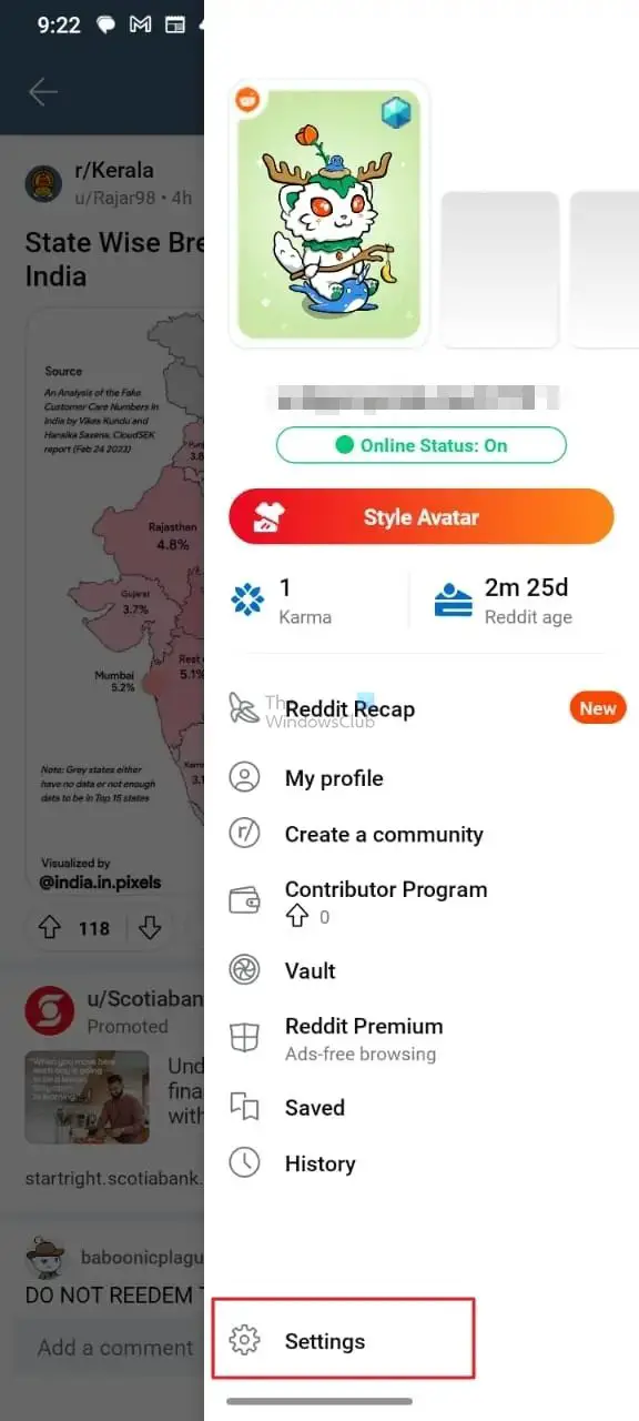Select Settings From Reddit App on Android