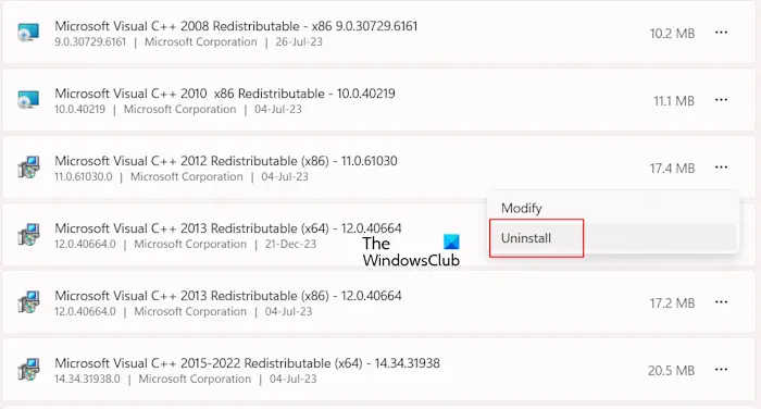 Uninstall Visual C++ Redistributables