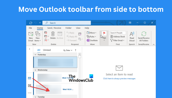 Move Outlook toolbar from side to bottom