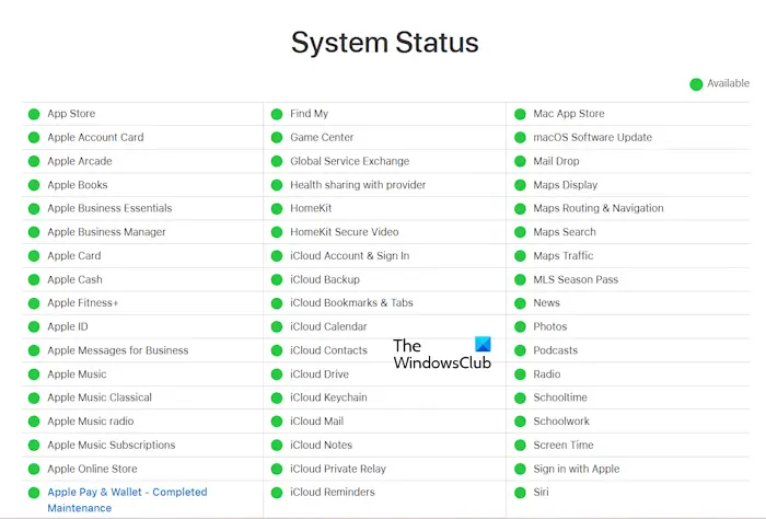 Apple System Status page