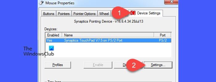 Device Settings tab in Mouse Settings