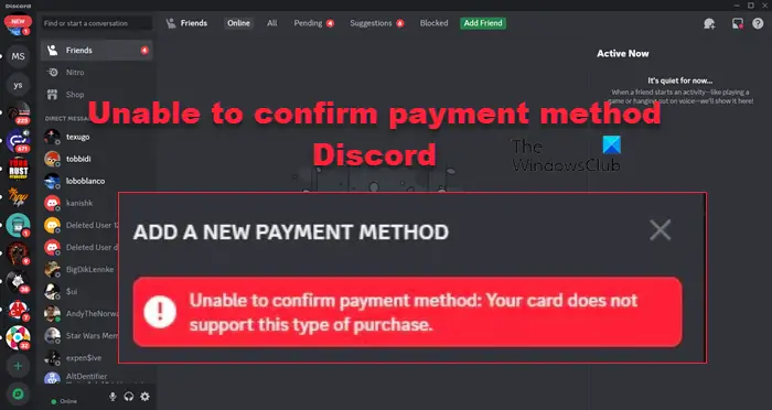 No se puede confirmar el método de pago Discord