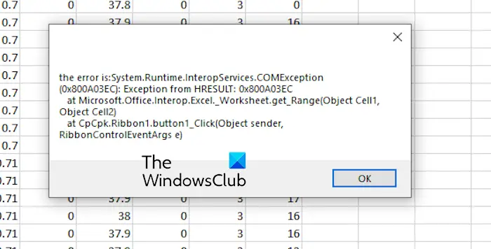 Exception from HRESULT 0x800A03EC Excel error 