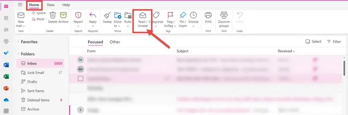 How to sort emails in Outlook by Unread